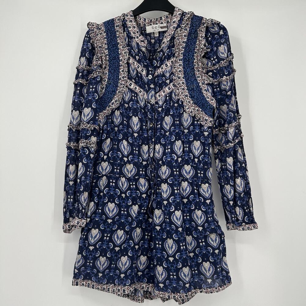 Sea New York Brigitte Border Romper Womens Sz 4 Blue White Ruffle Edge